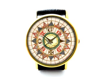 Compass Leather Watch, Vintage Compass Watch, Antique Compass Watch, Compass Watch, Ladies Mens Watch, Compass Jewelry, Pattern 3