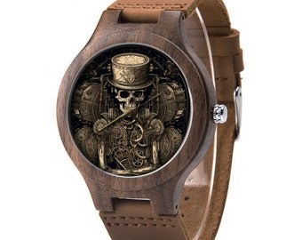 Steampunk Skull Wood Leather Watch, Steampunk Skull Wood Watch, Skull Unisex Watch, Man Size Watch, Steampunk Skull Jewelry