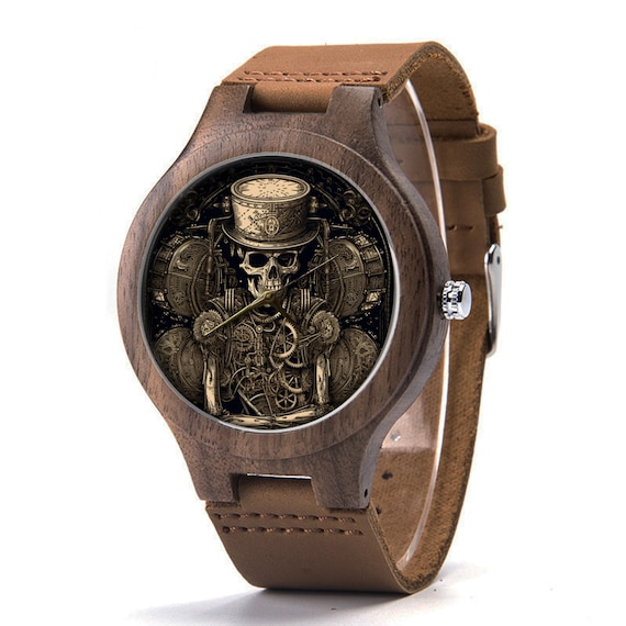 HOT Steampunk Uhr Leder Steampunk Schädel Holz Leder Uhr