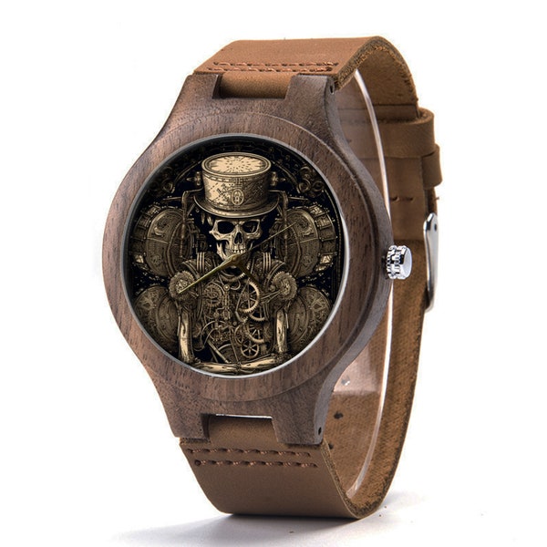 Steampunk Skull Wood Leather Watch, Steampunk Skull Wood Watch, Skull Unisex Watch, Man Size Watch, Steampunk Skull Jewelry
