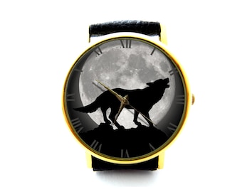 Wolf Watch, Wolf And Moon Watch, Wolf And Moon, Unisex Watch, Ladies Watch, Mens Watch, Wolf Jewelry, Personalized Watch