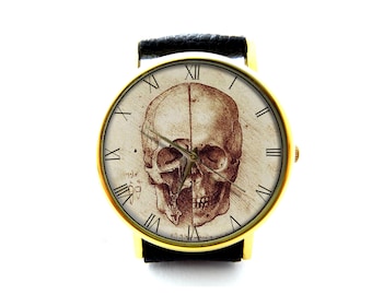 Zegarek skórzany Leonardo Da Vinci, zegarek ze szkicem czaszki, szkic czaszki, zegarek unisex, biżuteria Leonardo Da Vinci, akcesoria Leonardo Da Vinci