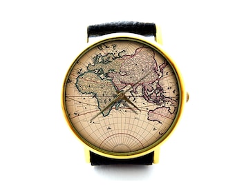Vintage mapa cuero reloj, mapa antiguo reloj de cuero, reloj unisex, reloj de las damas, reloj de los hombres, joyería del mapa, patrón 2