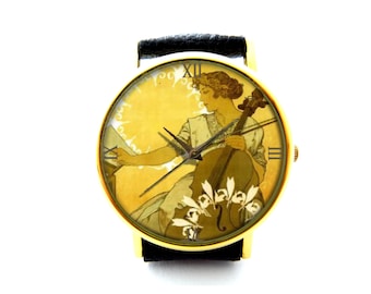 Art Nouveau Cellist Leather Watch, Musician's Gift Ladies Watch, Unisex Watch, Music Jewellery
