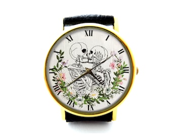 Embroidery Effect Print Skull Lover Kiss Leather Watch, Skull Lover Unisex Watch, Not Real Embroidery, It's Flat Printing