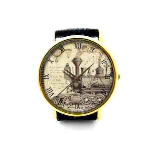 Steampunk Train Leather Watch, Steampunk Ladies Watch, Unisex Watch, Steampunk Jewelry