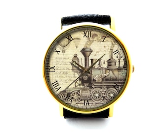 Steampunk Zug Lederuhr, Steampunk Damenuhr, Unisex Uhr, Steampunk Schmuck