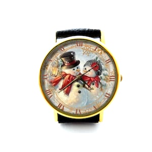 Vintage Schneemann Leder Uhr, Weihnachtsuhr, Schneemann Uhr, Unisex Uhr, Weihnachtsschmuck, Weihnachtsgeschenk, Wintergeschenk, Weihnachtsgeschenk