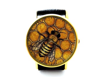Honey Bee Leather Watch, Honey Bee Ladies Watch, Unisex Watch, Honey Bee Jewellery