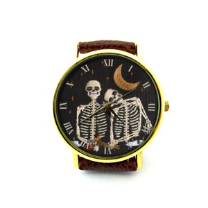 Embroidery Effect Print Skull Lover Leather Watch, Skull Lover Unisex Watch, Not Real Embroidery, It's Flat Printing image 3