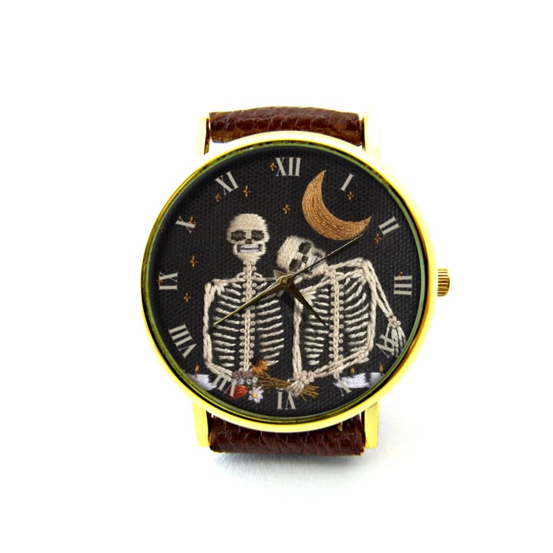 Embroidery Effect Print Skull Lover Leather Watch, Skull Lover Unisex Watch, Not Real Embroidery, It's Flat Printing image 3