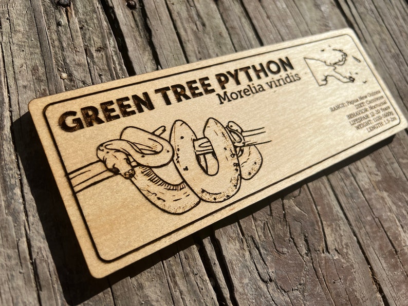 Laser-engraved wooden zoological species sign for reptile habitats, custom nameplate for green tree python