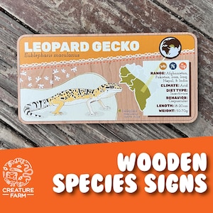 Targa per specie di geco leopardo - Targa per recinto per rettili in legno - Targa per animali esotici - Targa naturalistica per zoo - Decorazione educativa per lucertole