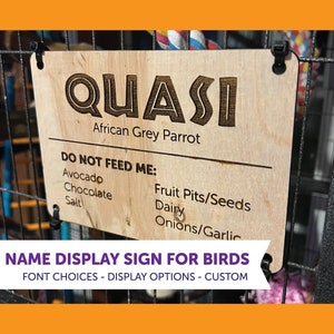 Wooden Bird Display Name Sign // Custom Plaque for Bird Cage // With or Without Warning Information // Parrots, Parakeets, Conures, & MORE