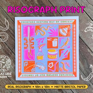 May include: A square risograph print on matte bristol paper measuring 25.4 cm by 25.4 cm. The print features a grid of orange and pink illustrations on a light blue background, including a spray bottle, a jar labelled calcium, and a lizard.