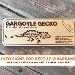 Gargoyle Gecko Zoological Species Sign | ANY SPECIES | Wooden Informational Tags Reptiles Frogs Lizards Amphibians Snakes, Inverts Custom