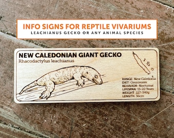 May include: A wooden sign with a brown background and white text. The sign features a line drawing of a New Caledonian Giant Gecko, also known as Rhacodactylus leachianus, with the text "NEW CALEDONIAN GIANT GECKO" and "Rhacodactylus leachianus". The sign also includes information about the gecko's range, diet, behavior, lifespan, weight, and length. The sign is ideal for reptile vivariums.