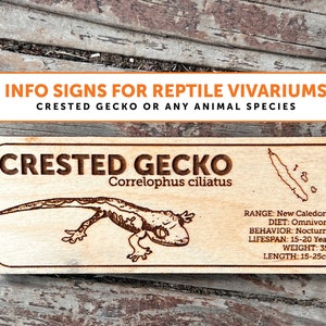 Crested Gecko Zoological Species Sign | ANY SPECIES | Wooden Informational Tags Reptiles Frogs Lizards Amphibians Snakes, Inverts Custom All