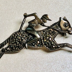 Vintage Marcasite Sterling Silver Horse and Jockey Pin