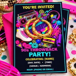 May include: A rectangular party invitation card with a black background featuring the text YOU'RE INVITED! and 90s THROWBACK PARTY! in bright colors. Graphics include a boombox, gold hoop earrings, roller skates, headphones, and a cassette tape.