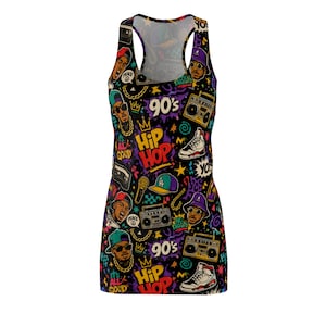 May include: A black sleeveless dress with a vibrant 90s hip-hop-themed print. The design features boomboxes, sneakers, microphones, and the text "90's Hip Hop". The dress has a scoop neck and a fitted silhouette, perfect for a retro look.