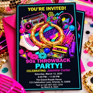 90s Party Invitation Editable Canva Template, 90s Throwback Birthday Invite, Retro Neon Hip Hop Party, Digital Download