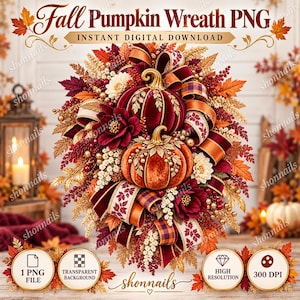 Puede incluir: Un gráfico digital de una corona de calabazas de otoño con dos calabazas de terciopelo en rojo oscuro y naranja, rodeadas de hojas, bayas y cintas. El texto dice Fall Pumpkin Wreath PNG, Instant Digital Download, 1 PNG File, Transparent Background, High Resolution, 300 DPI.