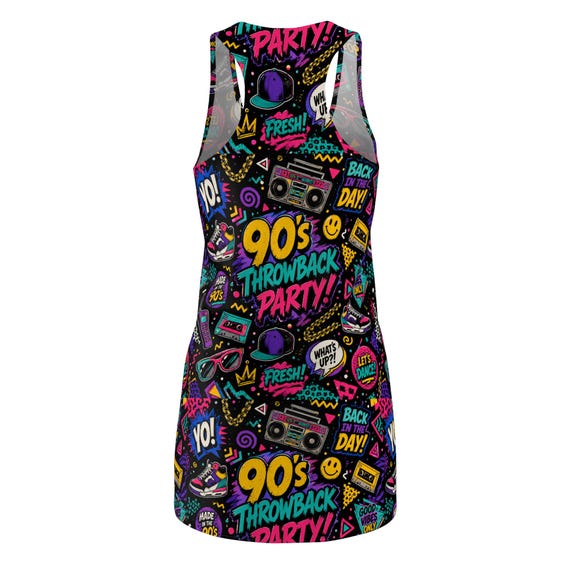 90s Throwback Party Racerback Dress | Neon Retro Boombox Pattern