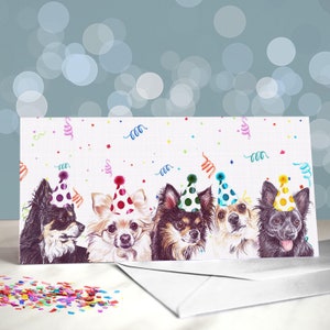 Biglietto d'auguri di compleanno per chihuahua a pelo lungo / Varietà di design a tema festa / Interno vuoto / Biglietto del cane / Per toelettatori, veterinari