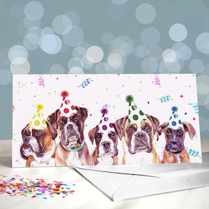 Tarjetas de felicitación de cumpleaños para boxeadores: variedad de diseños con temas de fiesta / Interior en blanco / Tarjeta del perro