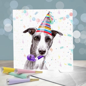 Cartes d'anniversaire de chien whippet - chapeaux de fête sur des whippets de différentes couleurs / intérieur vierge / carte du chien / lévrier de course à la retraite