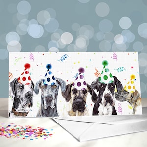 Tarjetas de felicitación de gran danés: varios sombreros de fiesta de cumpleaños en cinco daneses gigantes diferentes / Interior en blanco / Tarjeta del perro