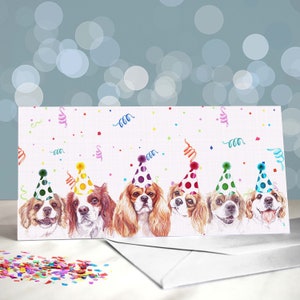 Blenheim Cavalier King Charles Spaniel Birthday Card, Cavvies wearing party hats / Blank Inside / Card from the Dog
