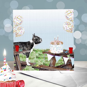 Cartes d'anniversaire pour chien Boston Terrier / carte de voeux Boston Bull Terrier / smoking chien / intérieur vierge / carte du chien noir et blanc