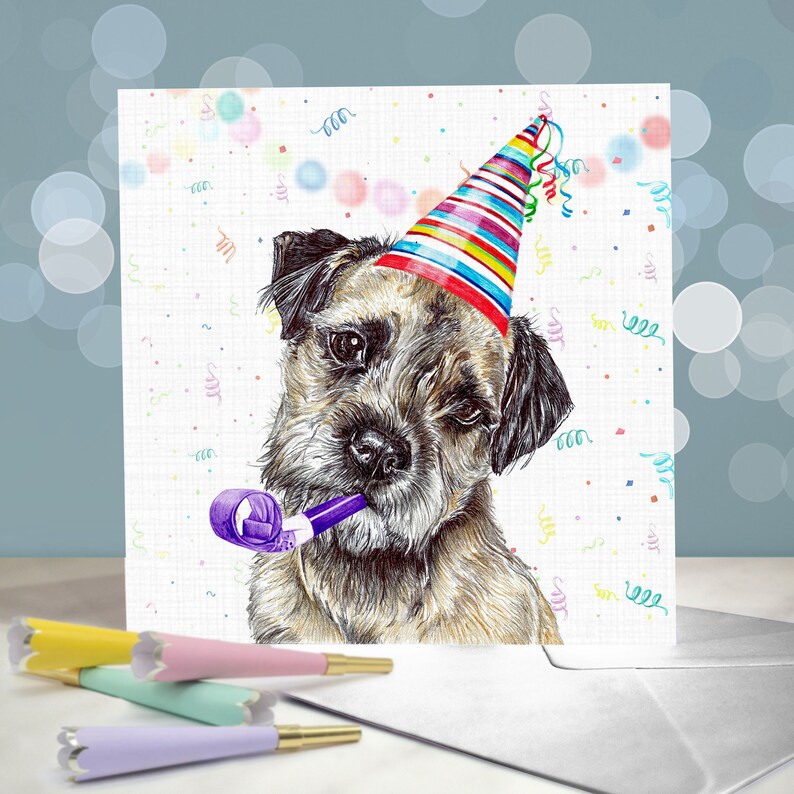 Toot Toot - A Border Terrier wearing a cone hat, holding a party blower
