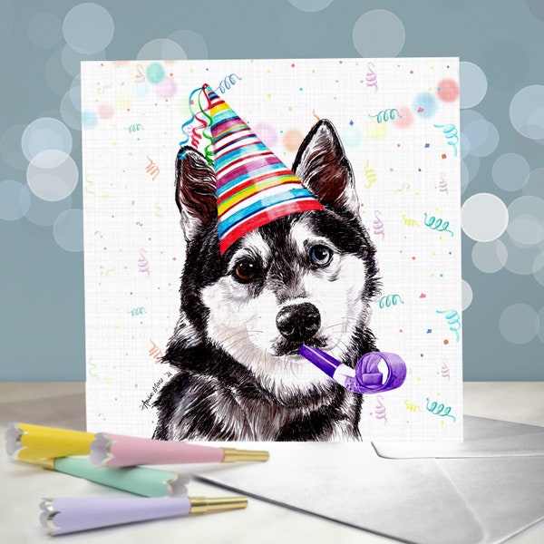 Alaskan Klee Kai Birthday Card -  Party Hats and Balloons on Different Coloured Alaskan Klee Kais / Blank Inside / Card from the Dog