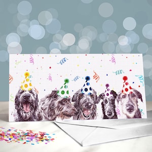 Carte de voeux d'anniversaire de lévrier écossais - variété de modèles sur le thème de la fête / lévriers poilus / lurchers / intérieur vierge / carte du chien