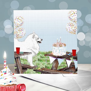 Verjaardagskaarten Japanse spitz hond / witte pluizige hond / blanco binnenkant / kaart van de hond / witte spitz kaart / verjaardagskaart hond moeder
