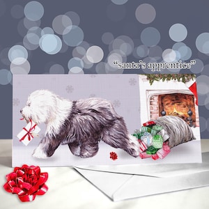 Tarjeta navideña de perro pastor inglés antiguo / Tarjeta de felicitación festiva para perros / Interior en blanco / Tarjeta navideña del perro / Regalo de perro pastor