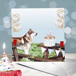 Biglietti di compleanno per cani Siberian Husky / Varietà di design a tema festa / Biglietto per cani da slitta / Interno vuoto / Biglietto del cane