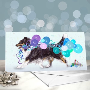 Biglietto di auguri di compleanno per cane da pastore scozzese a pelo lungo / Zibellino / Merle / Cinque cani di tipo Lassie con cappellini da festa / Interno vuoto / Biglietto del cane