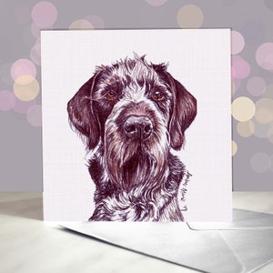 May include: A square greeting card with a pen and ink illustration of a dog. The dog has brown eyes, a long brown beard, and a white and brown coat. The artist's signature, "Amber Marie '19", is visible on the card.