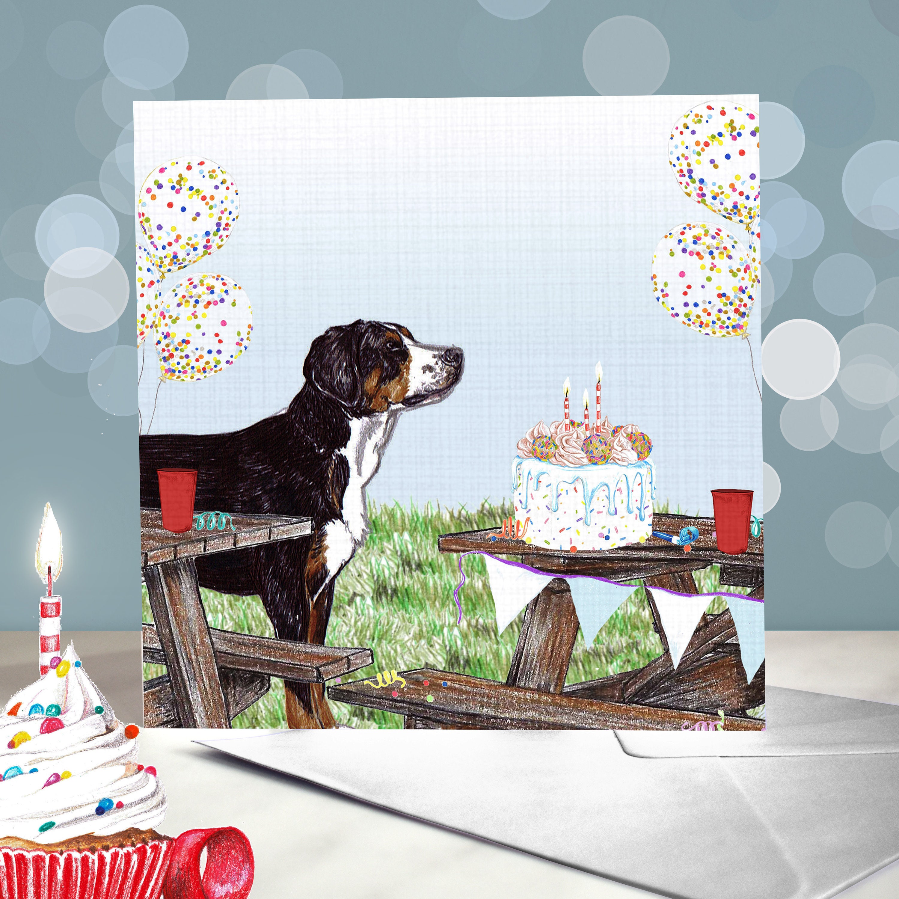 Geburtstagskarte Für Schwester – Modernes Design Mit Hund & Luftballons, Goldfolie, 16x16 Cm