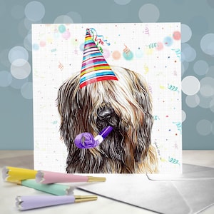 Biglietto di auguri di compleanno Briard / Bouquet di palloncini / Berger de Brie in cappello da festa / Interno vuoto / Per toelettatori, veterinari e amanti della razza