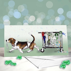 Carte porte-bonheur Basset Hound - Qualifiée pour la décoration de banc Crufts - Carte de félicitations pour concours d'exposition canine - Merci aux juges