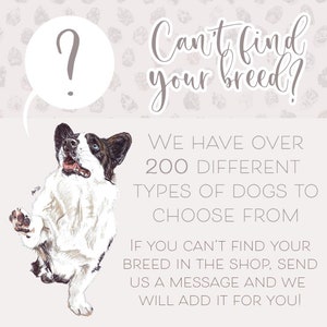 May include: Illustration of a dog with a question mark above its head. Text reads: "Can't find your breed? We have over 200 different types of dogs to choose from. If you can't find your breed in the shop, send us a message and we will add it for you!"