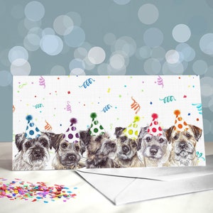 Party Animals - a group of six border terriers wearing party hats