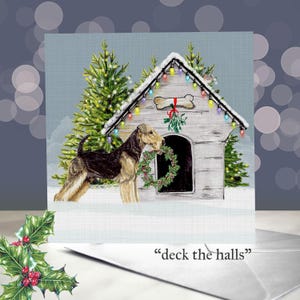 Airedale Terrier Christmas Greeting Card / Blank Inside / Five Airedale Terriers wearing Santa Hats / Do Holiday Card