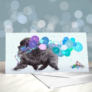 Tarjeta de felicitación de cumpleaños de Pomerania / Pom / Interior en blanco / Cuatro Poms con sombreros de fiesta