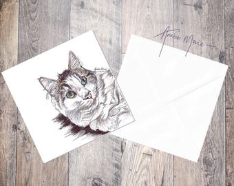 Cat Greeting Card - Sleepy White and Tabby / Blank Inside